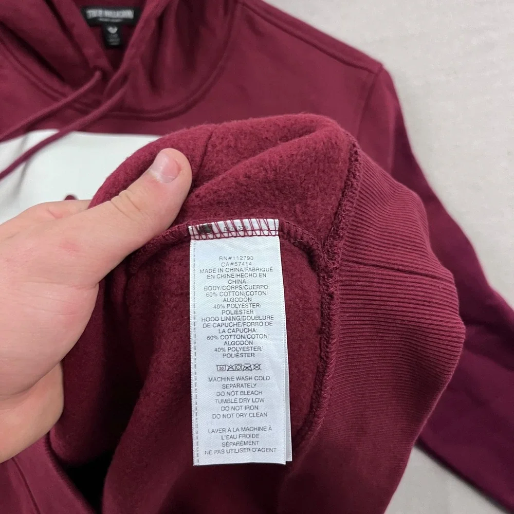 True Religion Hoodie Mens Large Burgundy Rhinestone Stud Horseshoe Logo Pullover
